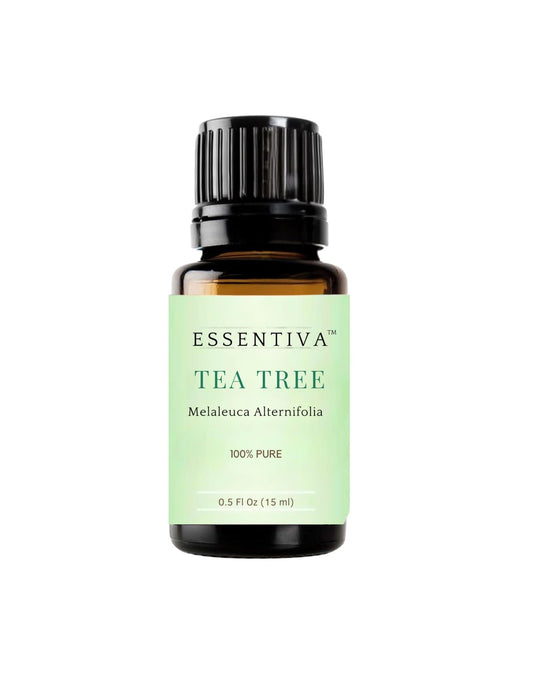 Essentiva Tea Tree Oil bottle in amber glass protects potency and freshness.