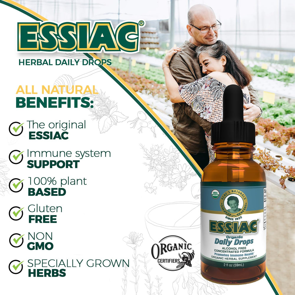 Organic herbs used in Essiac Daily Drops: burdock, sheep sorrel, slippery elm, rhubarb