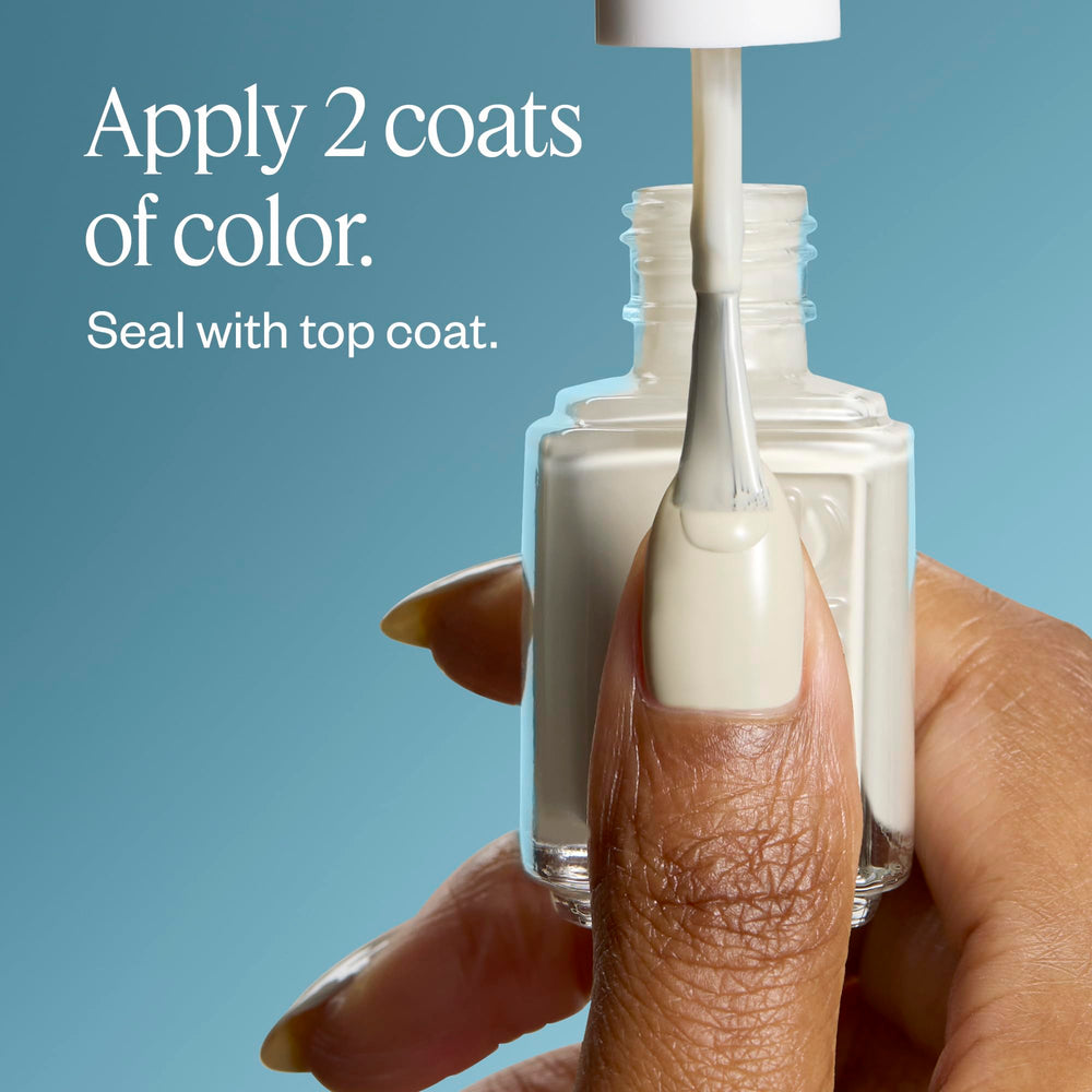 essie manicure two coats guide shows achieving flawless coverage with base and top coats