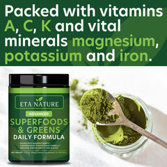 Wheat grass, moringa, spirulina ingredients in ETANATURE formula