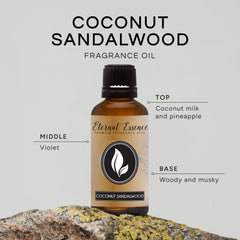 Amber glass bottle with black cap of Coconut Sandalwood fragrance oil
