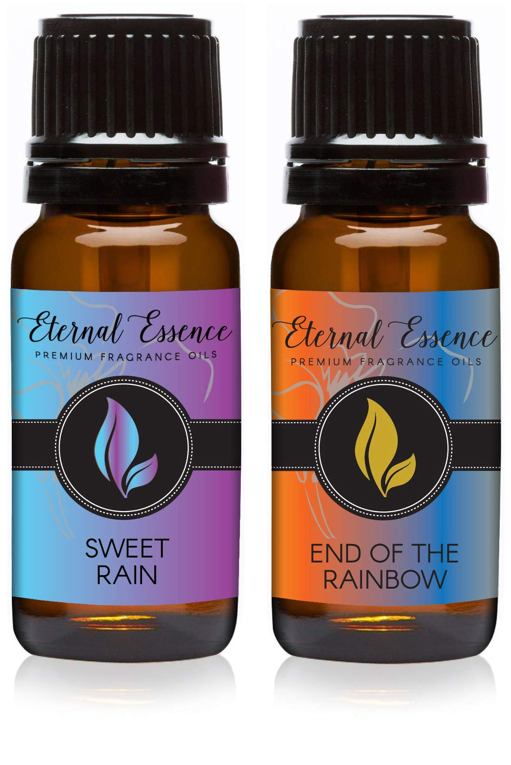 Two 10ml amber glass bottles labeled Sweet Rain and End of The Rainbow