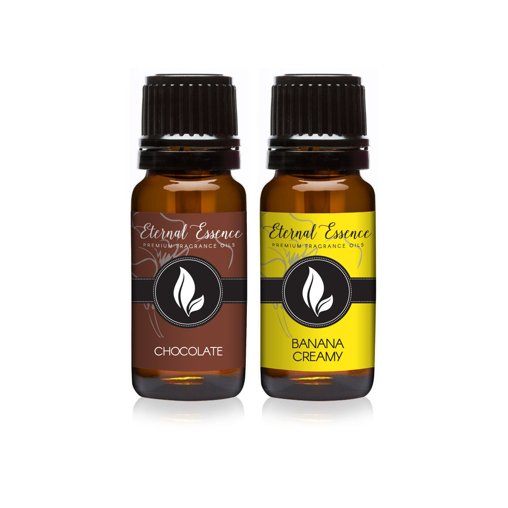 Front view of Eternal Essence Oils 2-pack 10ml Chocolate & Banana Creamy fragrance bottles