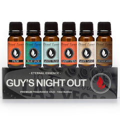 Six 10ml amber glass fragrance oil bottles in Eternal Essence Oils Guy's Night Out set