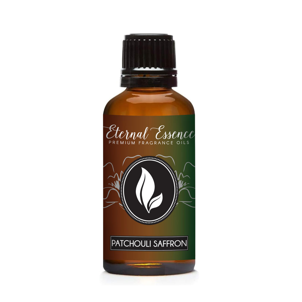 30ml amber glass bottle of Patchouli Saffron fragrance oil by Eternal Essence Oils