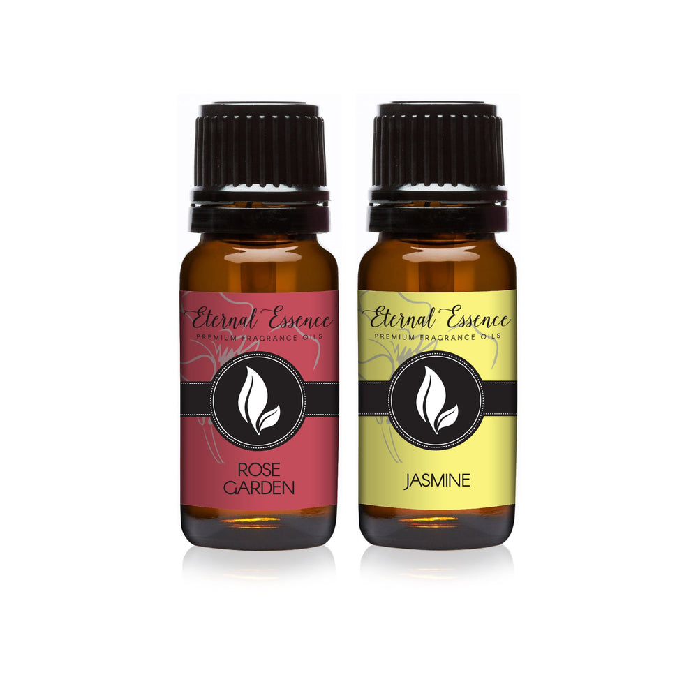 Two 10ml amber glass bottles with tamper-evident rings and euro-style droppers (Rose Garden & Jasmine)