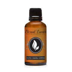 Amber glass 30ml bottle of Salted Caramel Pumpkin fragrance with black cap and dropper