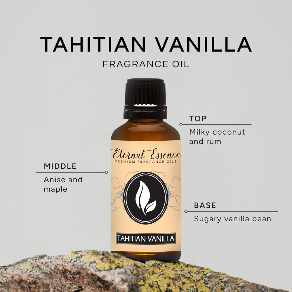 Close-up of Tahitian Vanilla fragrance oil bottle with dropper insert