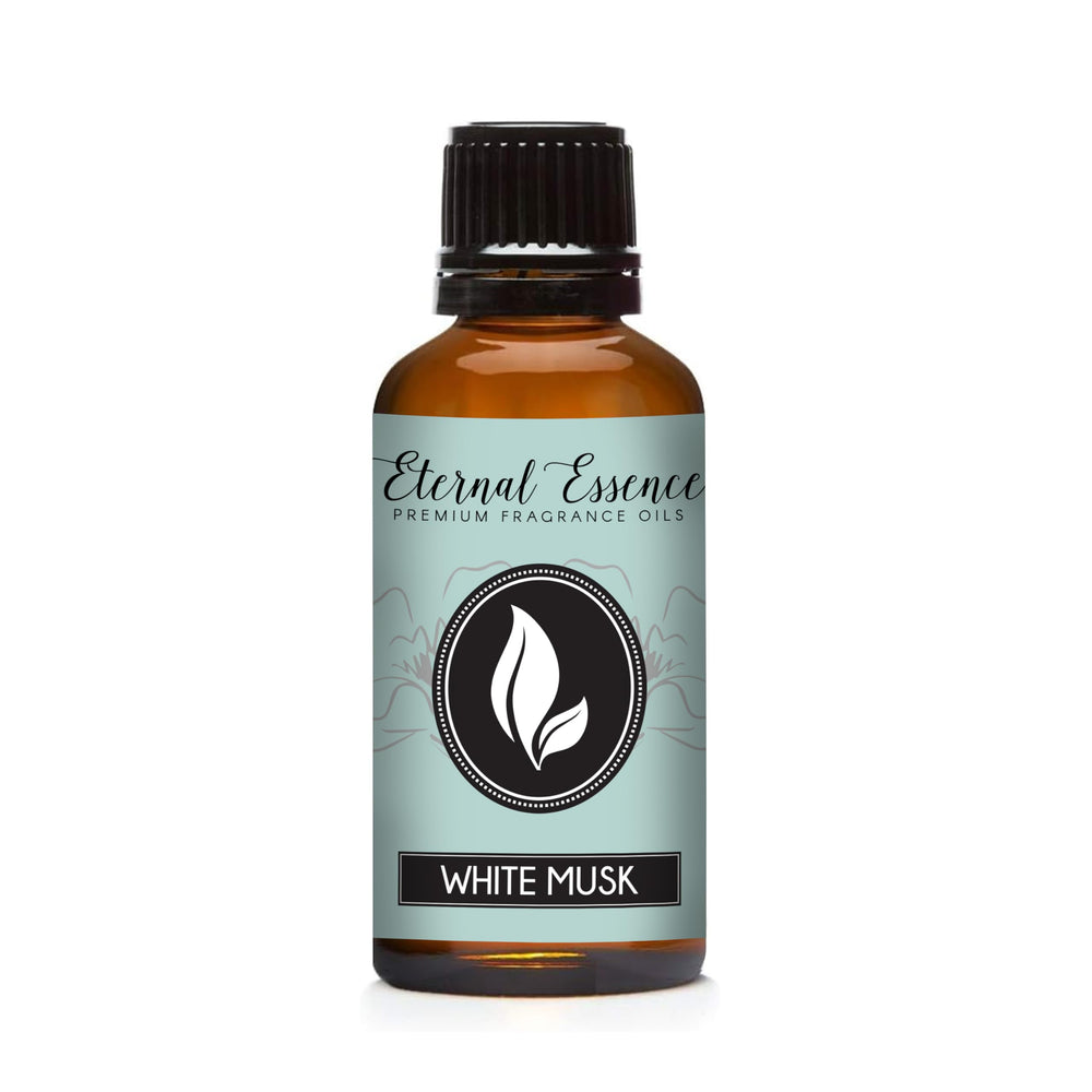 Amber glass 30ml bottle of Eternal Essence Oils White Musk fragrance oil with black ribbed cap