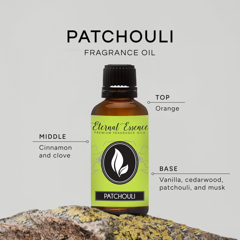 Amber glass bottle with Patchouli label and dropper cap