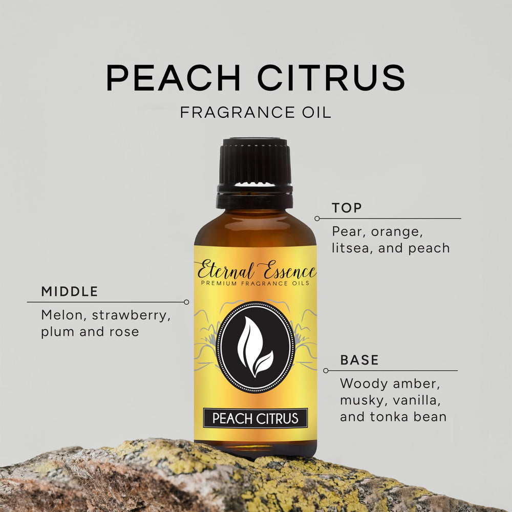 Close-up of multicolor Peach Citrus fragrance oil liquid