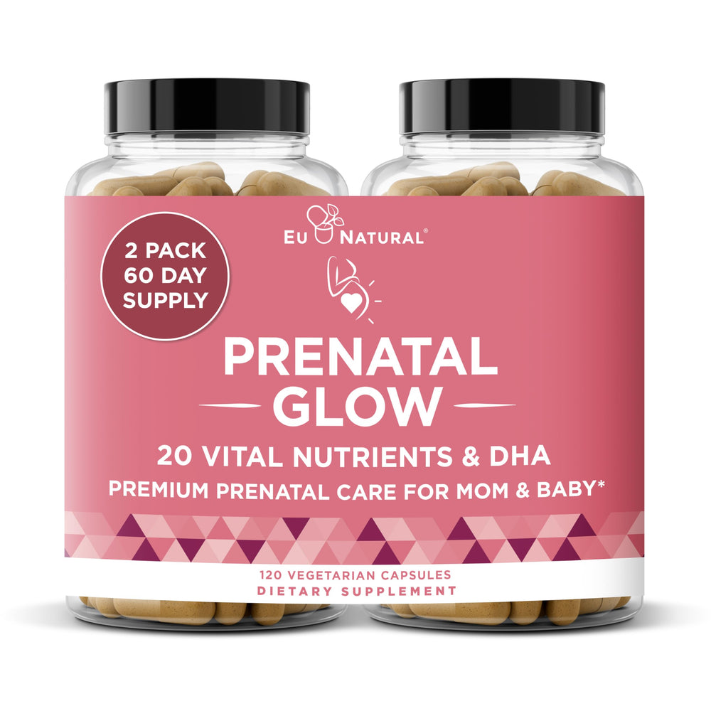 Eu Natural Glow prenatal bottle front, highlighting 20-in-1 formula for healthy development