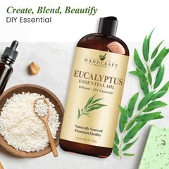 Close-up of eucalyptus essential oil bottle with label