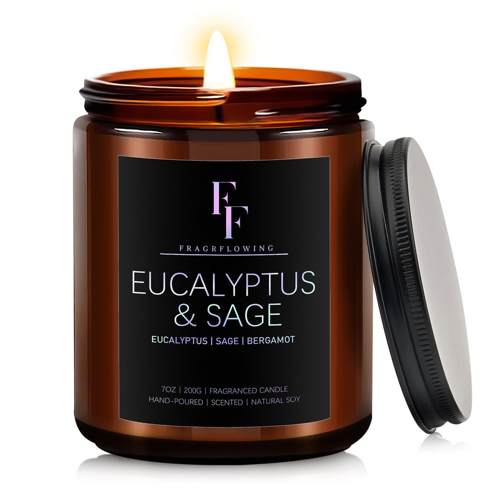 7oz Eucalyptus & Sage scented candle in amber jar