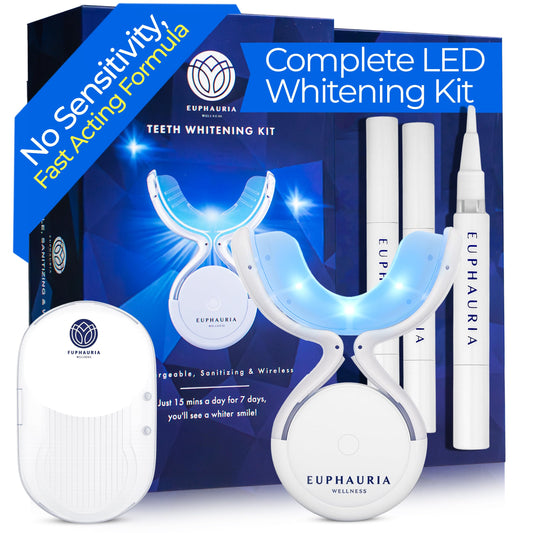 Euphauria at-home teeth whitening kit with LED mouthpiece and case
