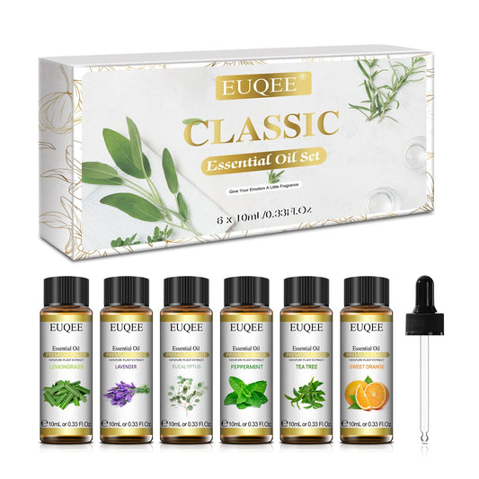 EUQEE 6-piece essential oils set packaging with 6 x 10ml bottles