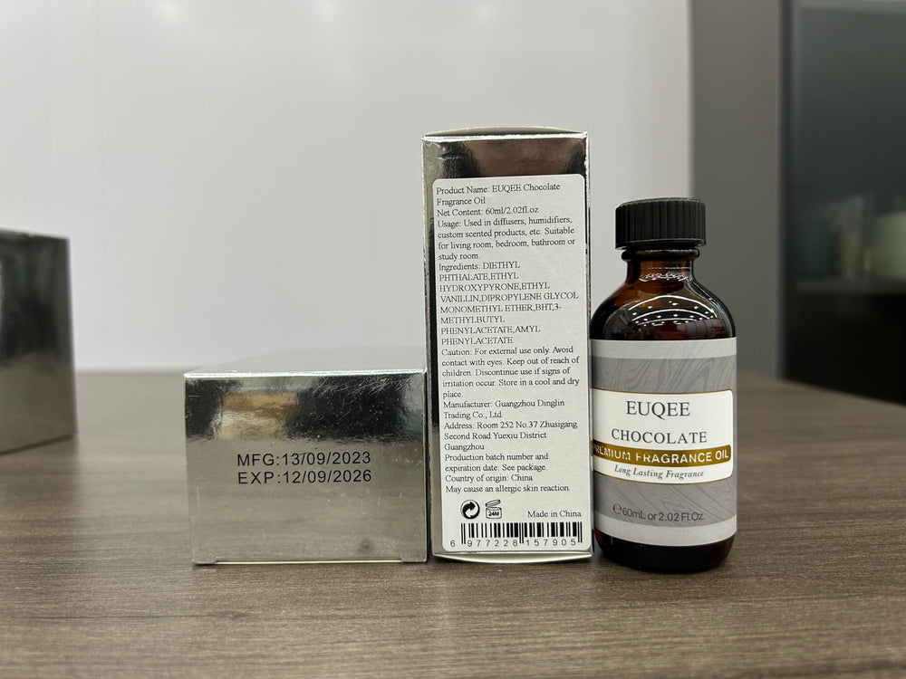 EUQEE Chocolate Fragrance Oil shown with bath bombs and soaps