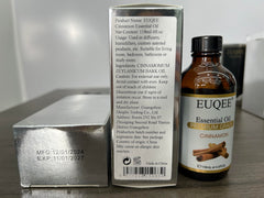 Back label and safety information of EUQEE Cinnamon Essential Oil 118ml