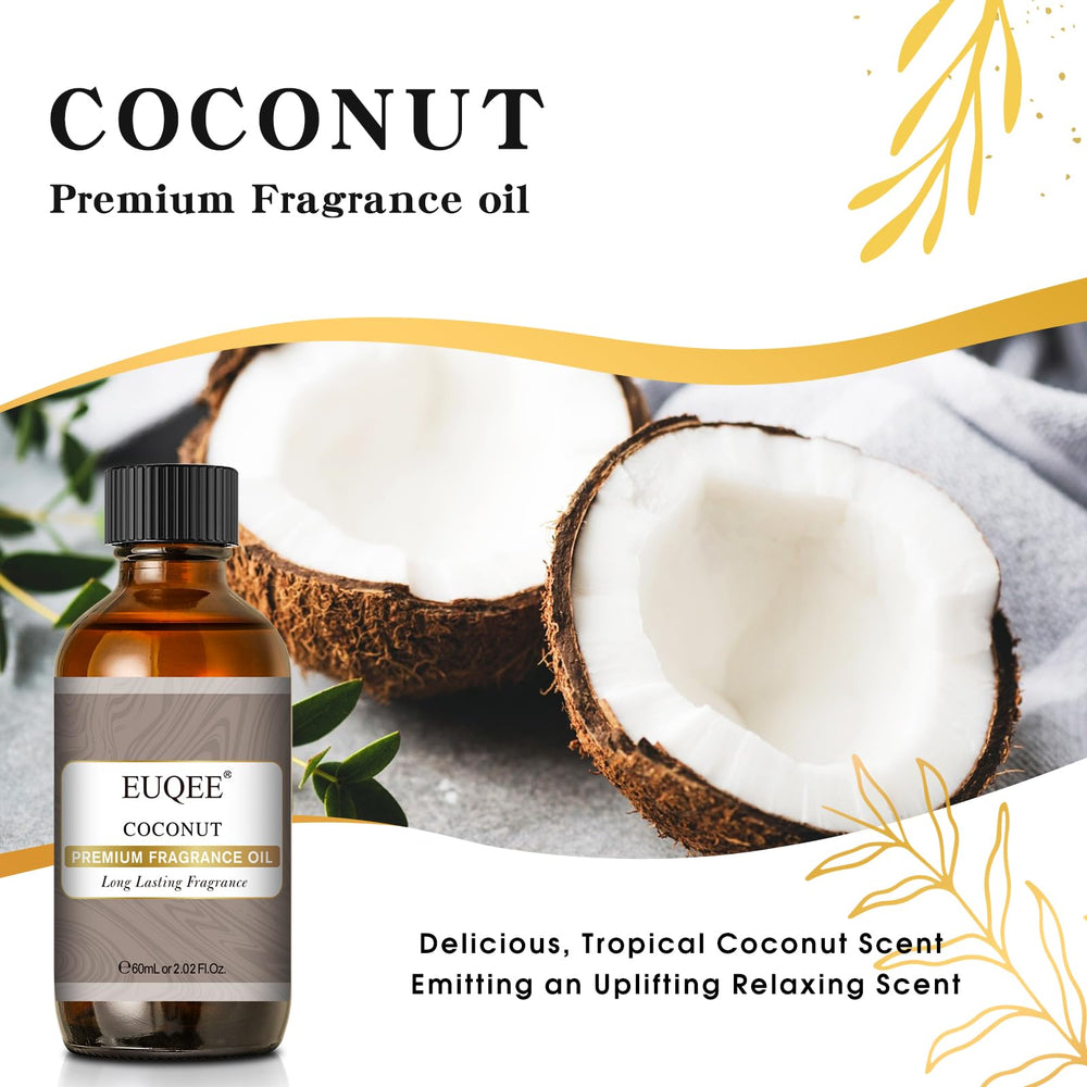 Close-up of EUQEE Coconut Fragrance Oil amber bottle and glass dropper