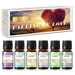 EUQEE 6-piece Floral Fragrance Oils set on display with amber glass bottles