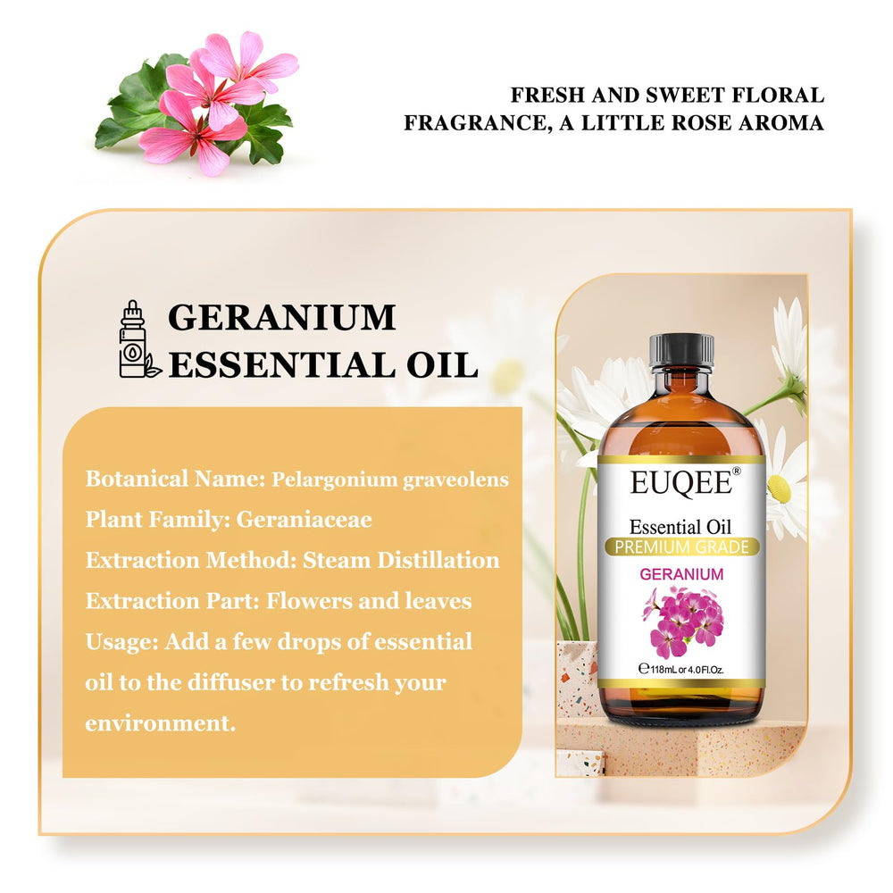 Amber bottle of EUQEE Geranium essential oil with glass dropper