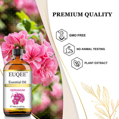 EUQEE Geranium essential oil being used in a diffuser for aromatherapy