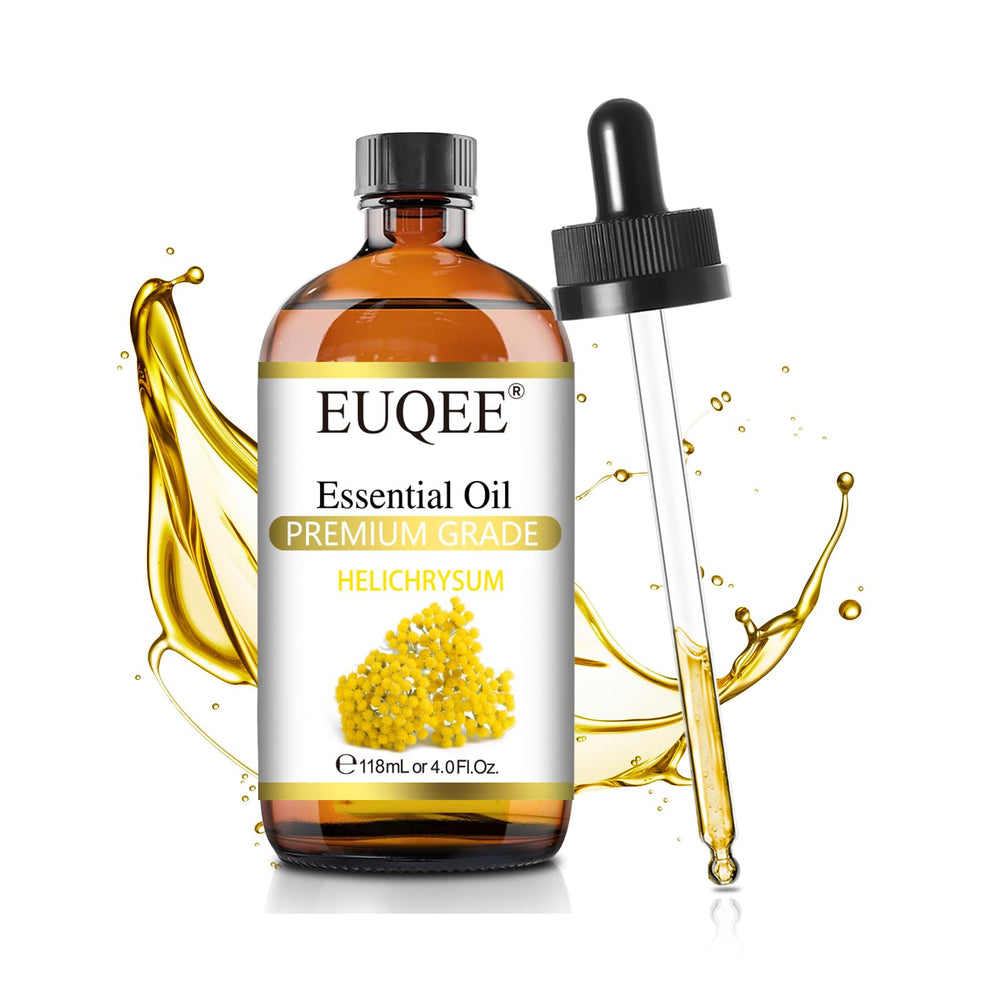 EUQEE Helichrysum essential oil in 4 oz amber glass bottle