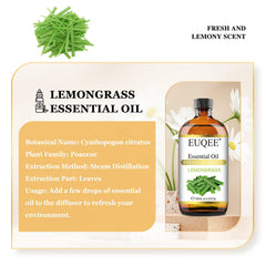 Amber glass bottle with EUQEE Lemongrass Essential Oil and dropper