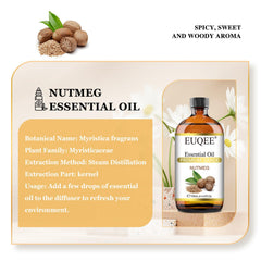Close-up of EUQEE Nutmeg Essential Oil amber glass bottle