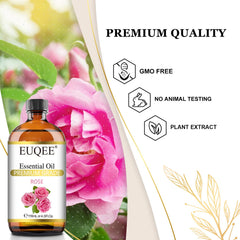 Amber glass dropper containing EUQEE Rose Essential Oil