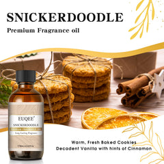 Close-up of label and amber bottle of EUQEE Snickerdoodle Fragrance Oil