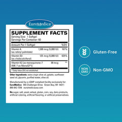 Close-up of Vitamin A, D3, and K2 softgels for cardiovascular support
