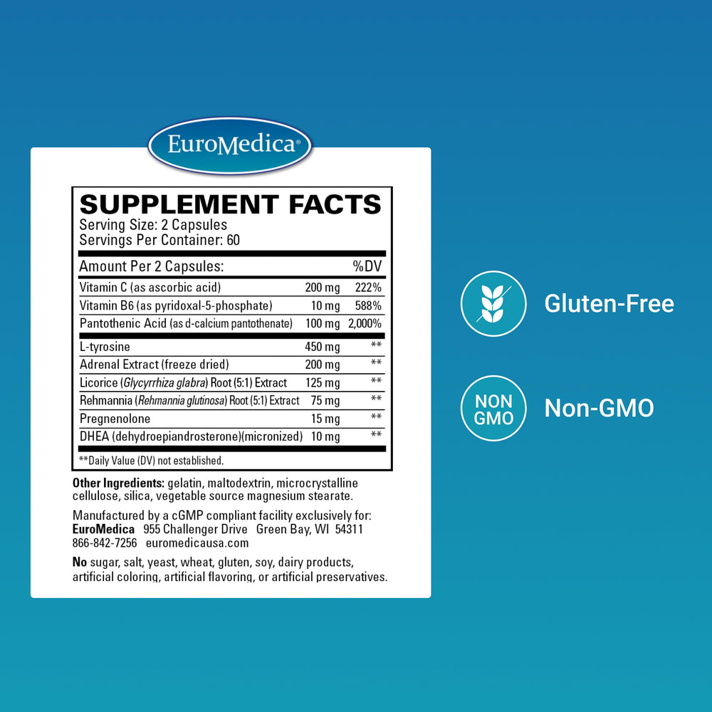 EuroMedica Adrenaplex bottle back reveals supplement facts and daily usage guidance.