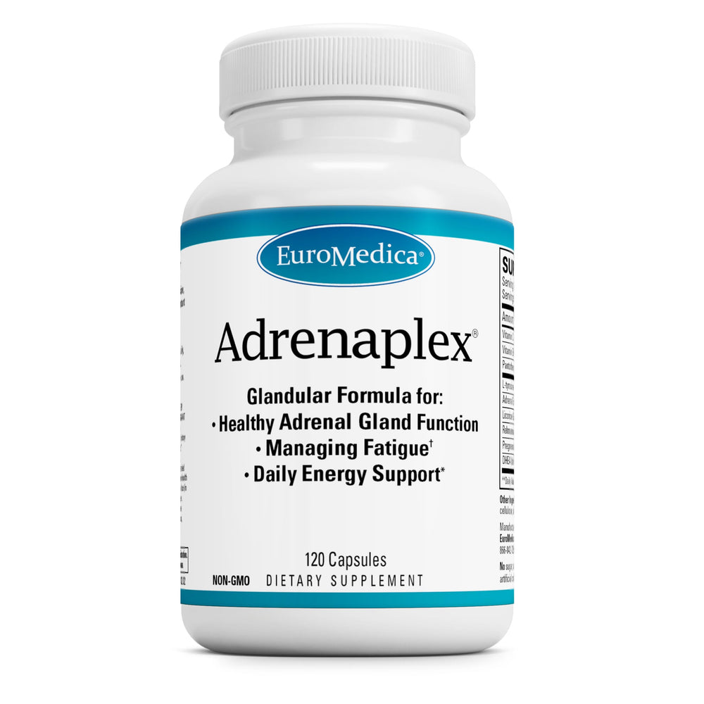 EuroMedica Adrenaplex bottle front with compact capsules for daily adrenal support.