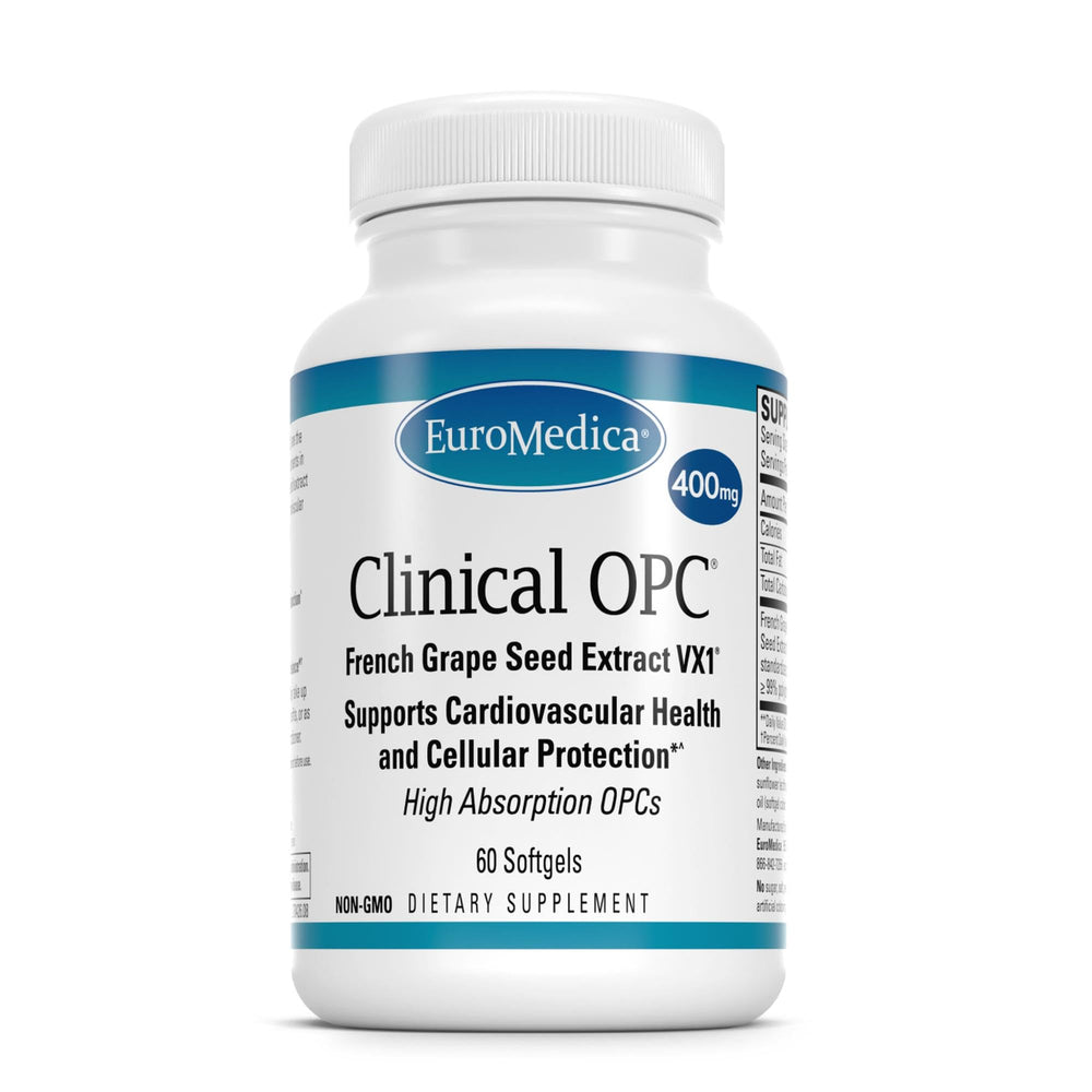 EuroMedica Clinical OPC bottle highlighting heart health and focus support
