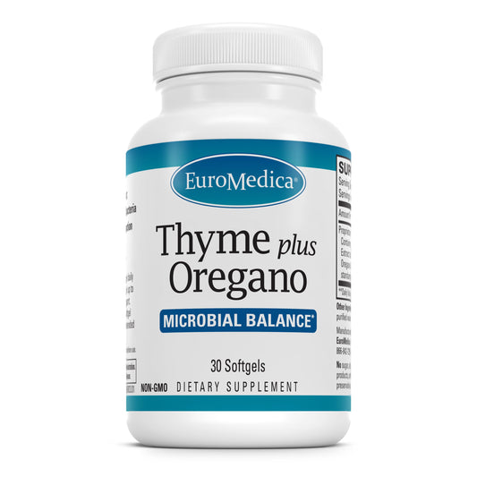 EuroMedica Thyme Plus Oregano bottle and softgels on white background