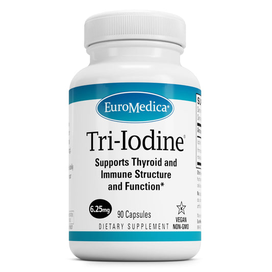 EuroMedica Tri-Iodine bottle with label showing 90 capsules
