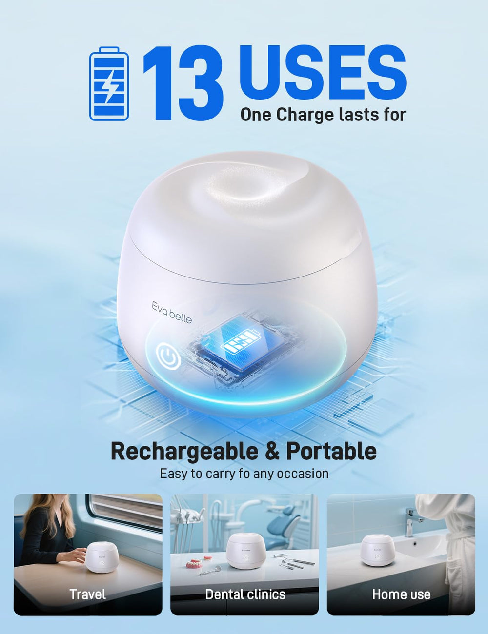 Rechargeable denture cleaner device with charging port