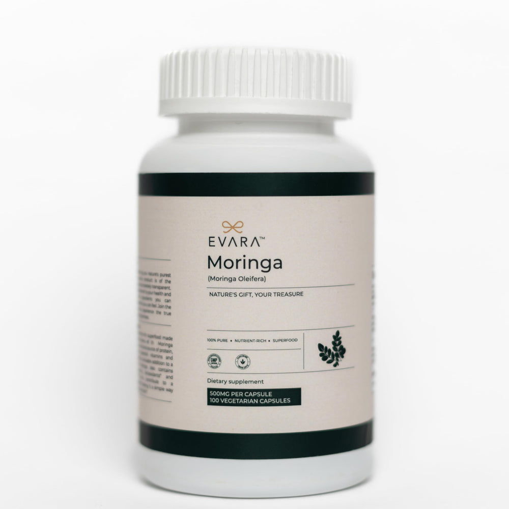 Front view of EVARA Moringa Capsules 500mg bottle