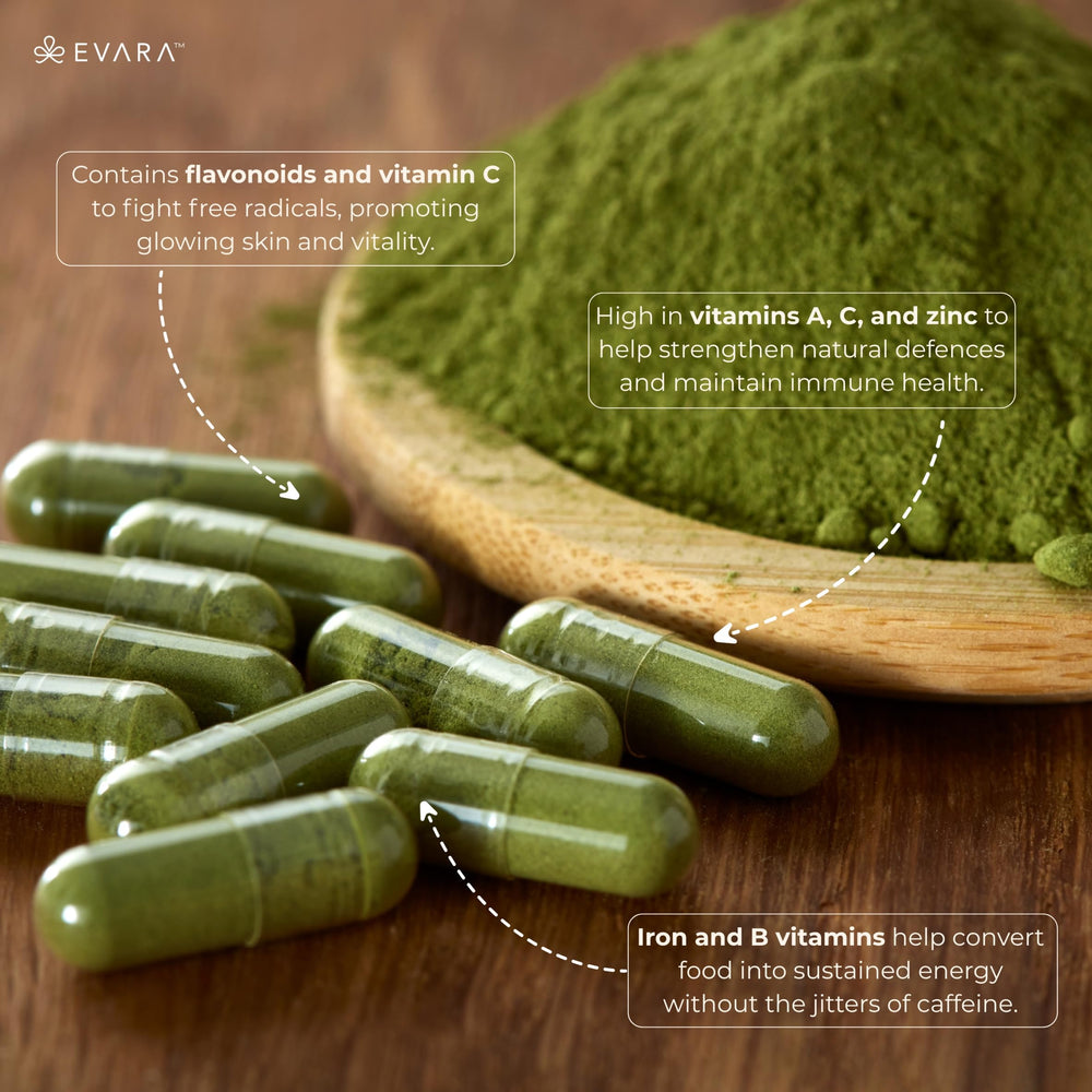 USDA Organic, Vegan, Gluten-Free, Dairy-Free label on EVARA Moringa Capsules