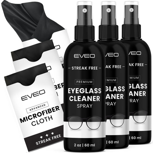 EVEO eyeglass cleaner spray bottle front view in a 3-pack
