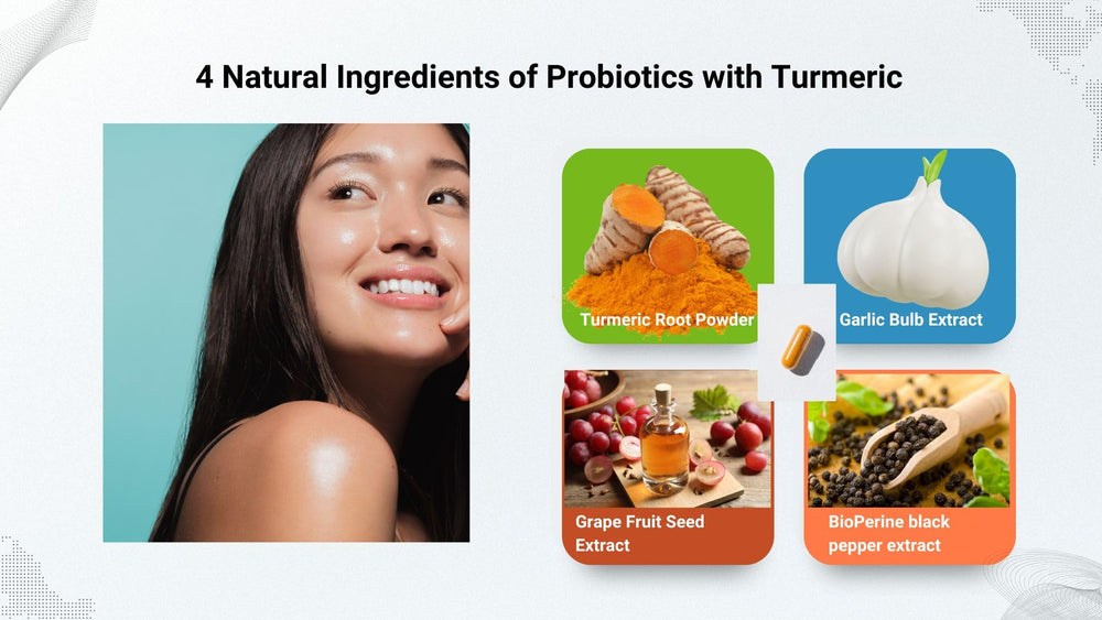 Ingredients highlighted including folate, turmeric, and probiotics
