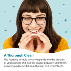 Teeth and aligners showing cleanliness and whitening results