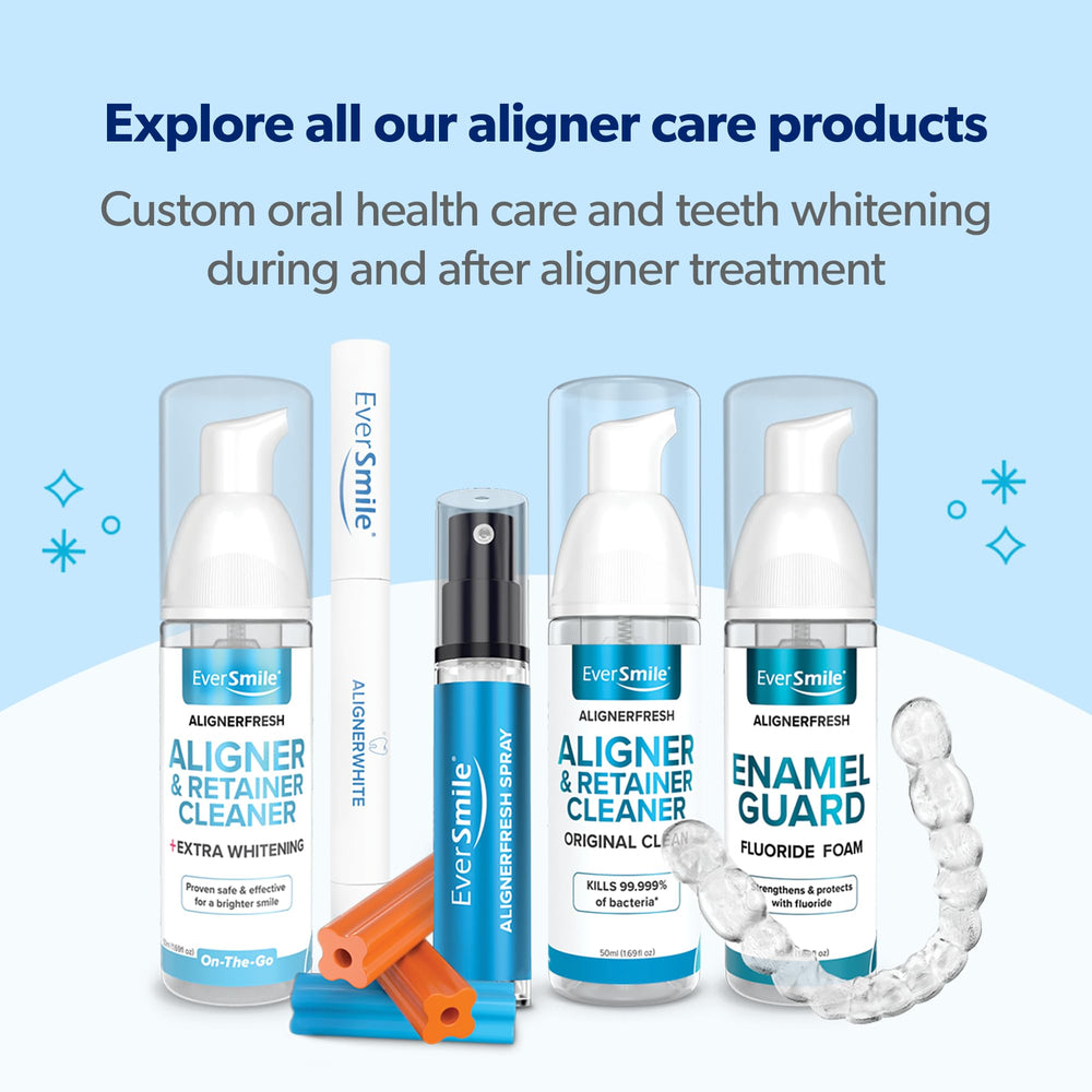 Person using aligner cleaner with foam in mouth