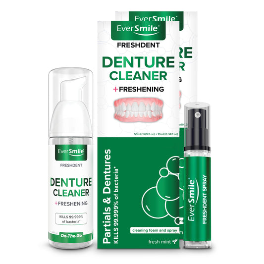 Front view of EverSmile FreshDent denture cleaner duo package (foam and spray).