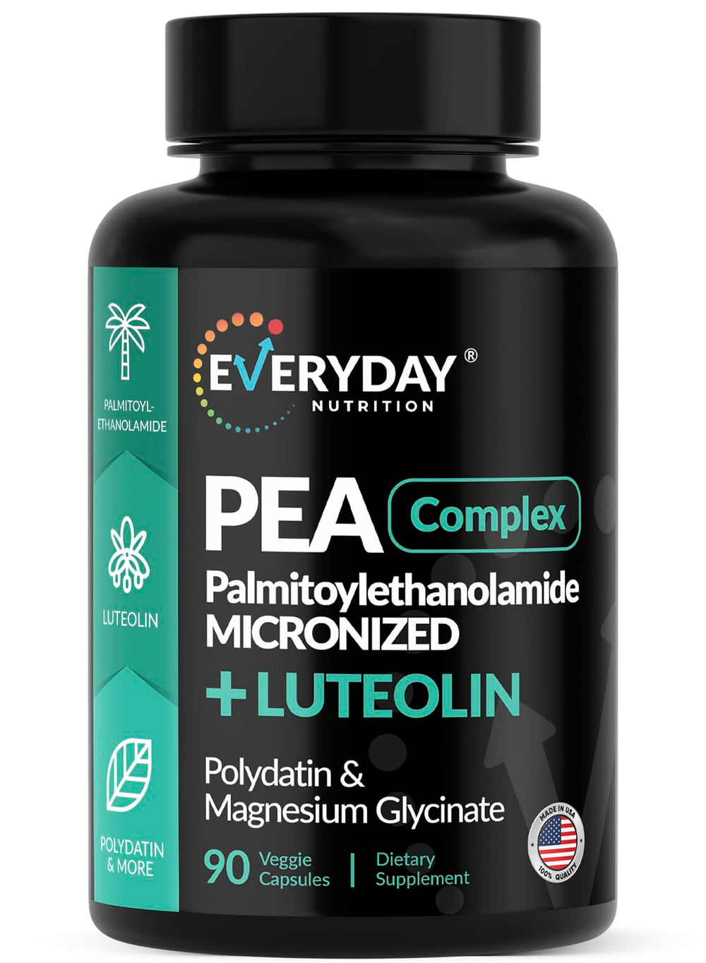 Product bottle front of EVERYDAY NUTRITION Palmitoylethanolamide 400 mg + Luteolin, Polydatin & Magnesium Glycinate