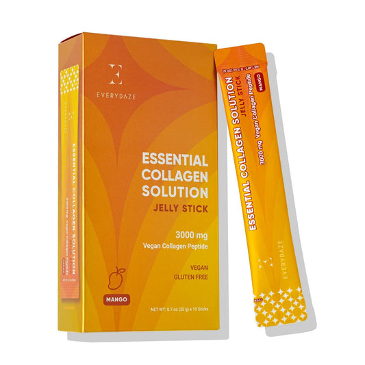 Single mango-flavored vegan collagen jelly stick packet with 3000 mg vegan collagen peptide.