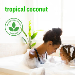 Illustration showing how to use the soap as body wash, bubble bath and shampoo