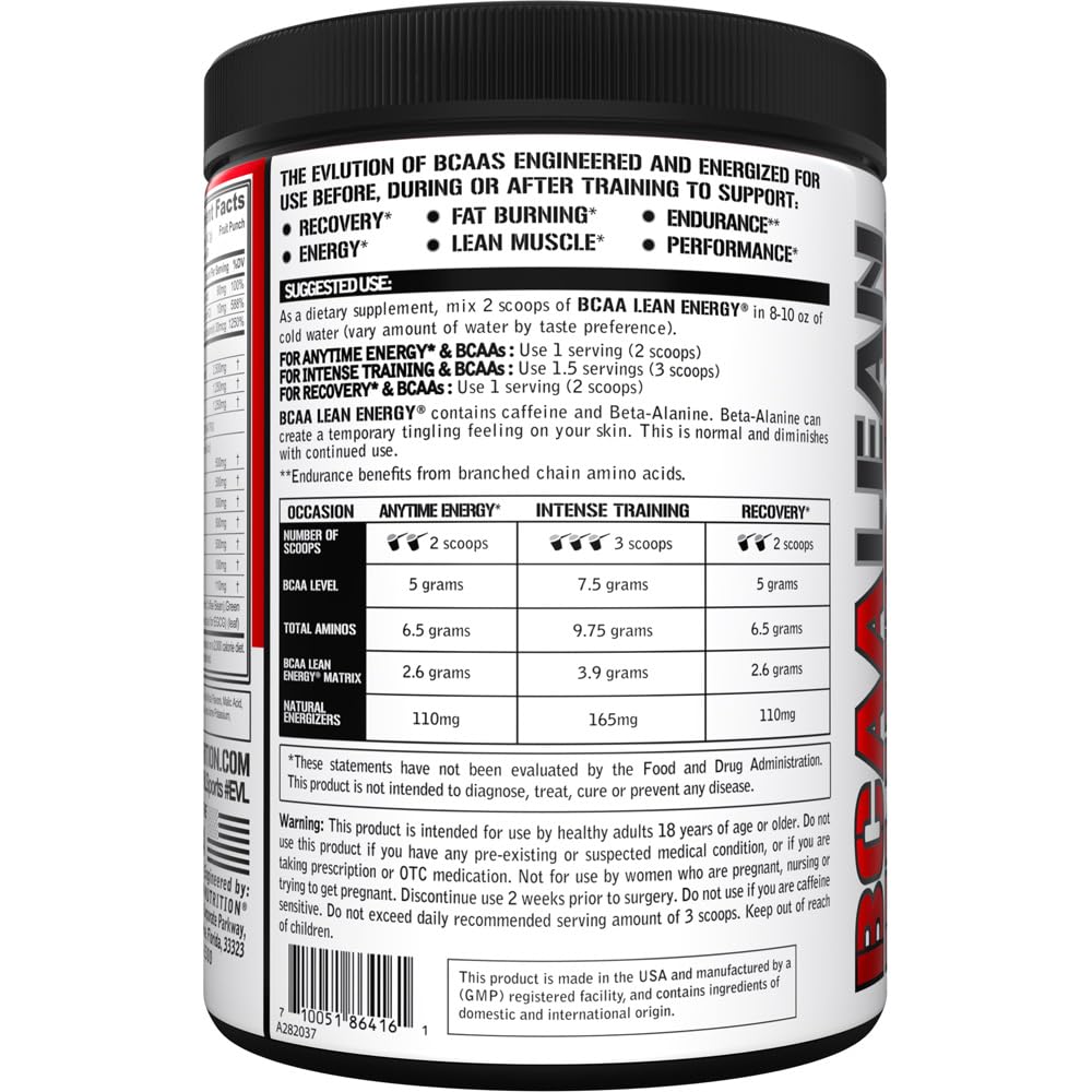 Front packaging of EVL BCAA Lean Energy Powder Fruit Punch