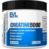 EVL Creatine5000 unflavored powder bottle with scoop showing 5g per serving and 100 servings